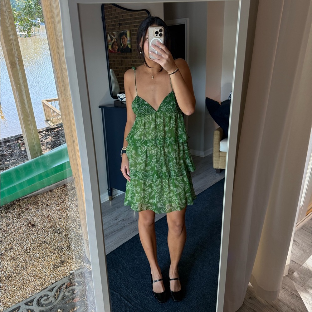 100% Silk Y2K Sarah Green Fern Patterned Mini Dress